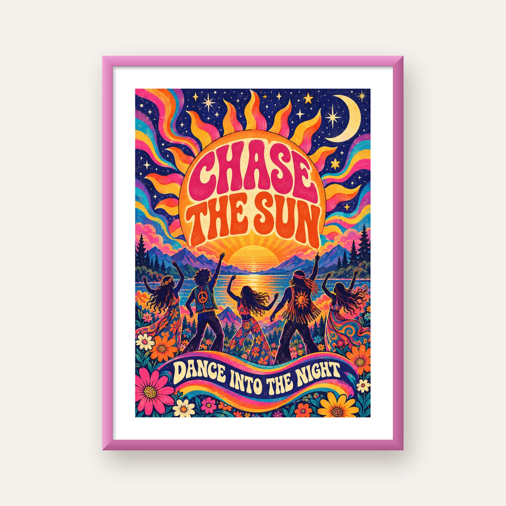 Renkli Hippie Parti Manzarası Retro Poster — pembe çerçeveli paspartulu