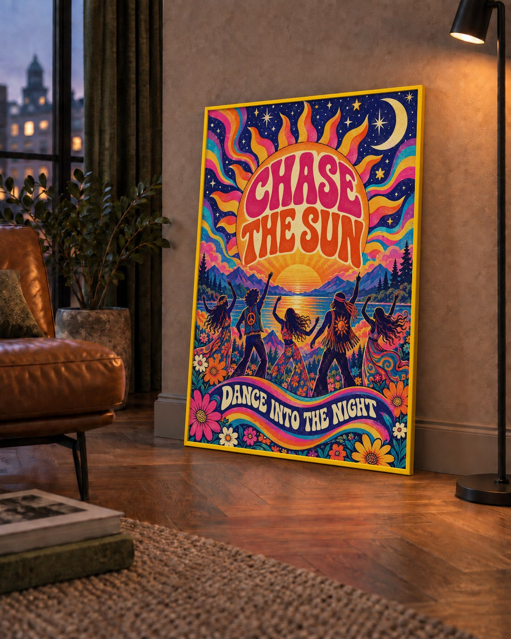 Renkli Hippie Parti Manzarası Retro Poster — çerçeveli hâliyle bir ev duvarında