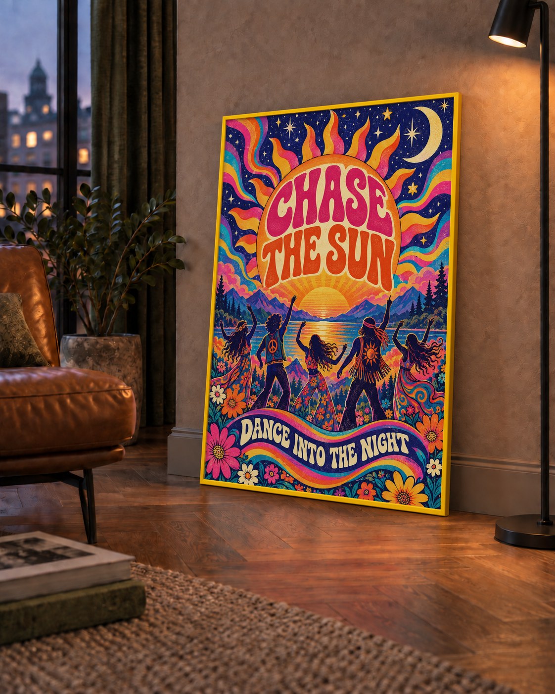 Renkli Hippie Parti Manzarası Retro Poster — çerçeveli hâliyle bir ev duvarında