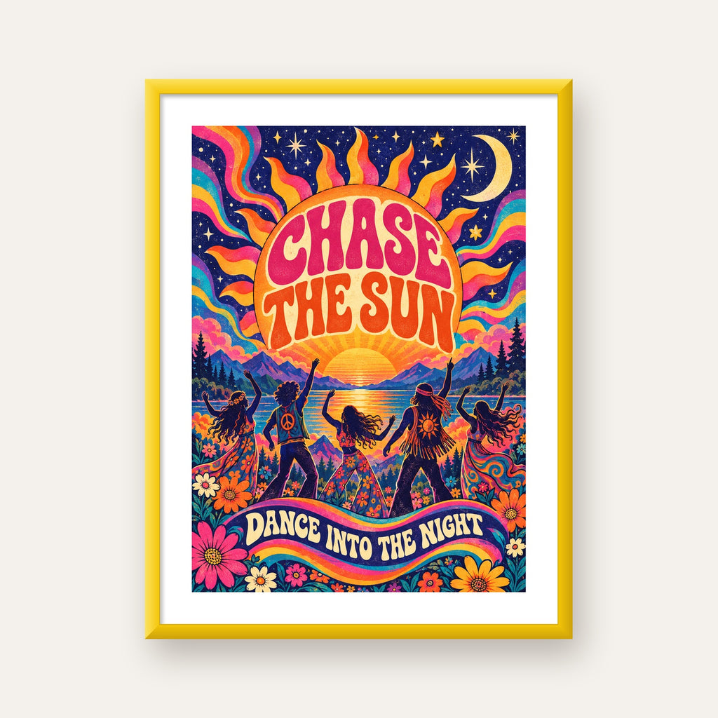 Renkli Hippie Parti Manzarası Retro Poster — sarı çerçeveli paspartulu
