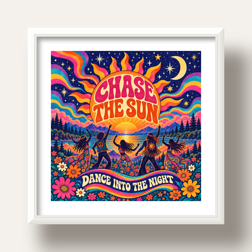 Renkli Hippie Parti Manzarası Retro Poster — beyaz derin çerçeveli paspartulu