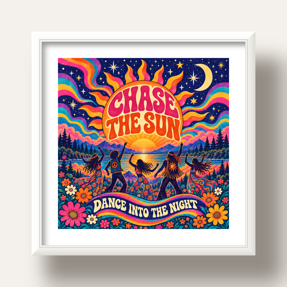 Renkli Hippie Parti Manzarası Retro Poster — beyaz derin çerçeveli paspartulu
