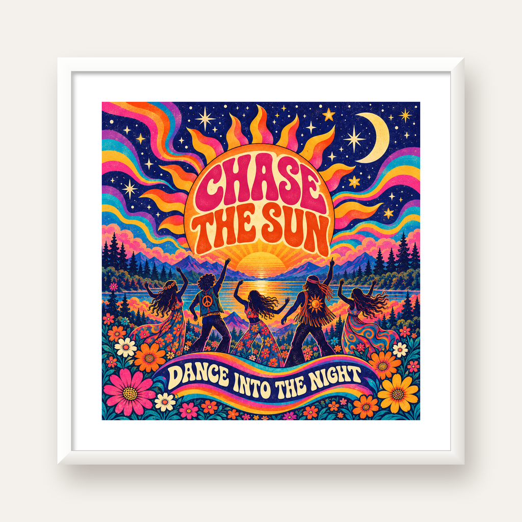Renkli Hippie Parti Manzarası Retro Poster — beyaz çerçeveli kare poster