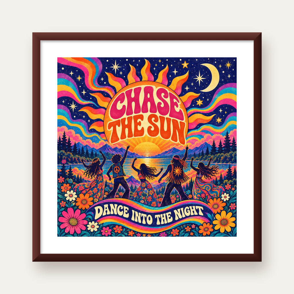 Renkli Hippie Parti Manzarası Retro Poster — ceviz çerçeveli paspartulu