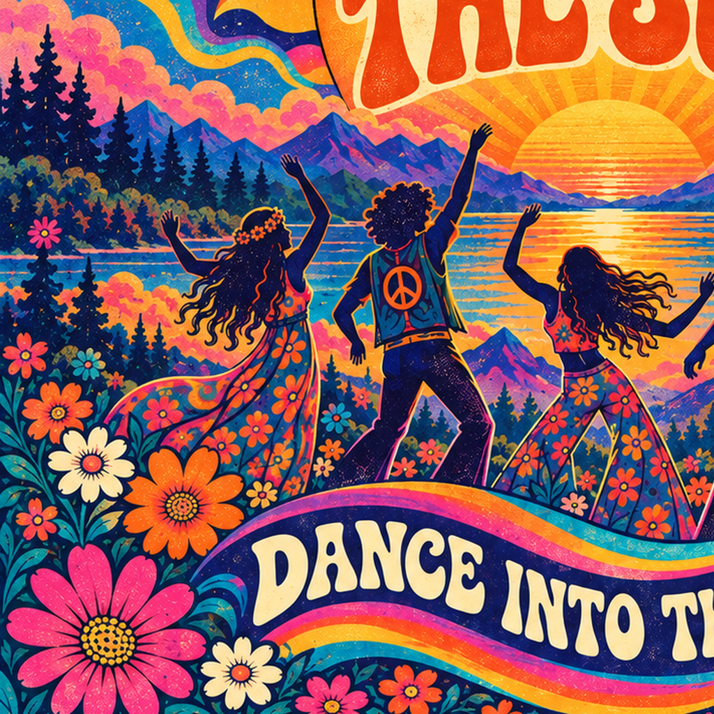 Renkli Hippie Parti Manzarası Retro Poster — baskının yakın çekimi, kâğıt dokusu ve renk detayı