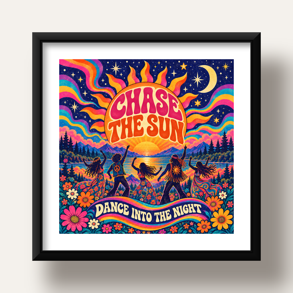 Renkli Hippie Parti Manzarası Retro Poster — siyah derin çerçeveli paspartulu