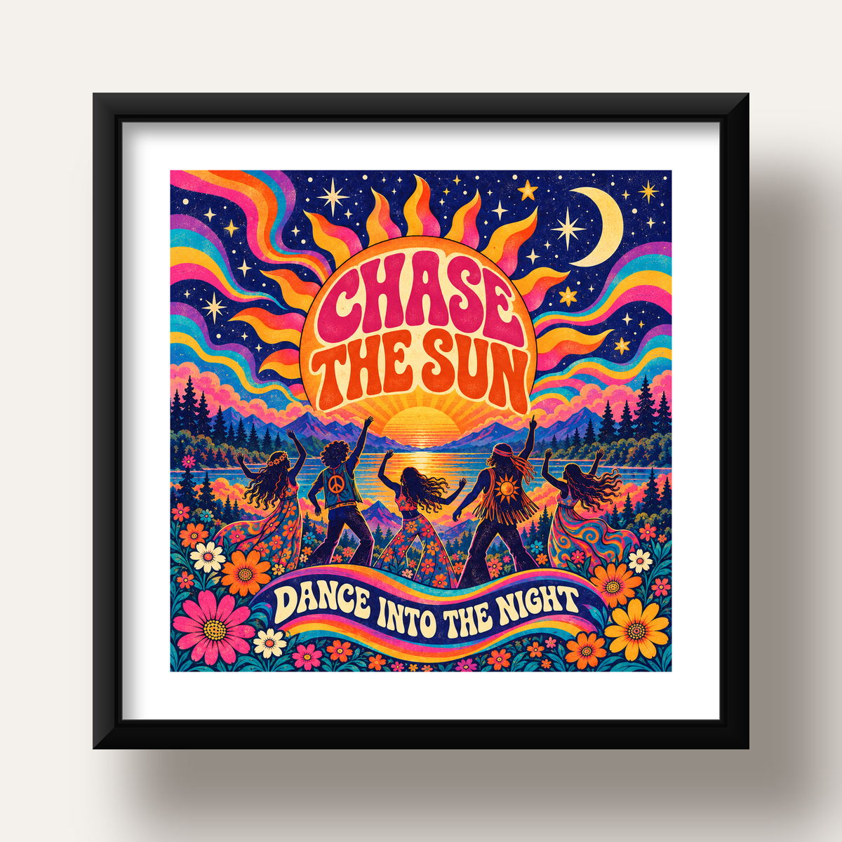 Renkli Hippie Parti Manzarası Retro Poster — siyah derin çerçeveli paspartulu