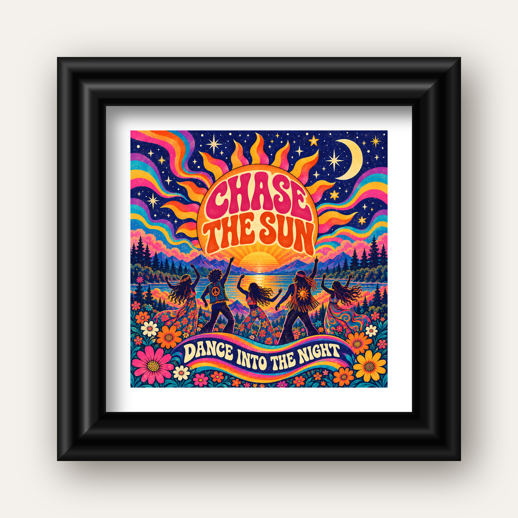 Renkli Hippie Parti Manzarası Retro Poster — siyah galeri çerçeveli paspartulu