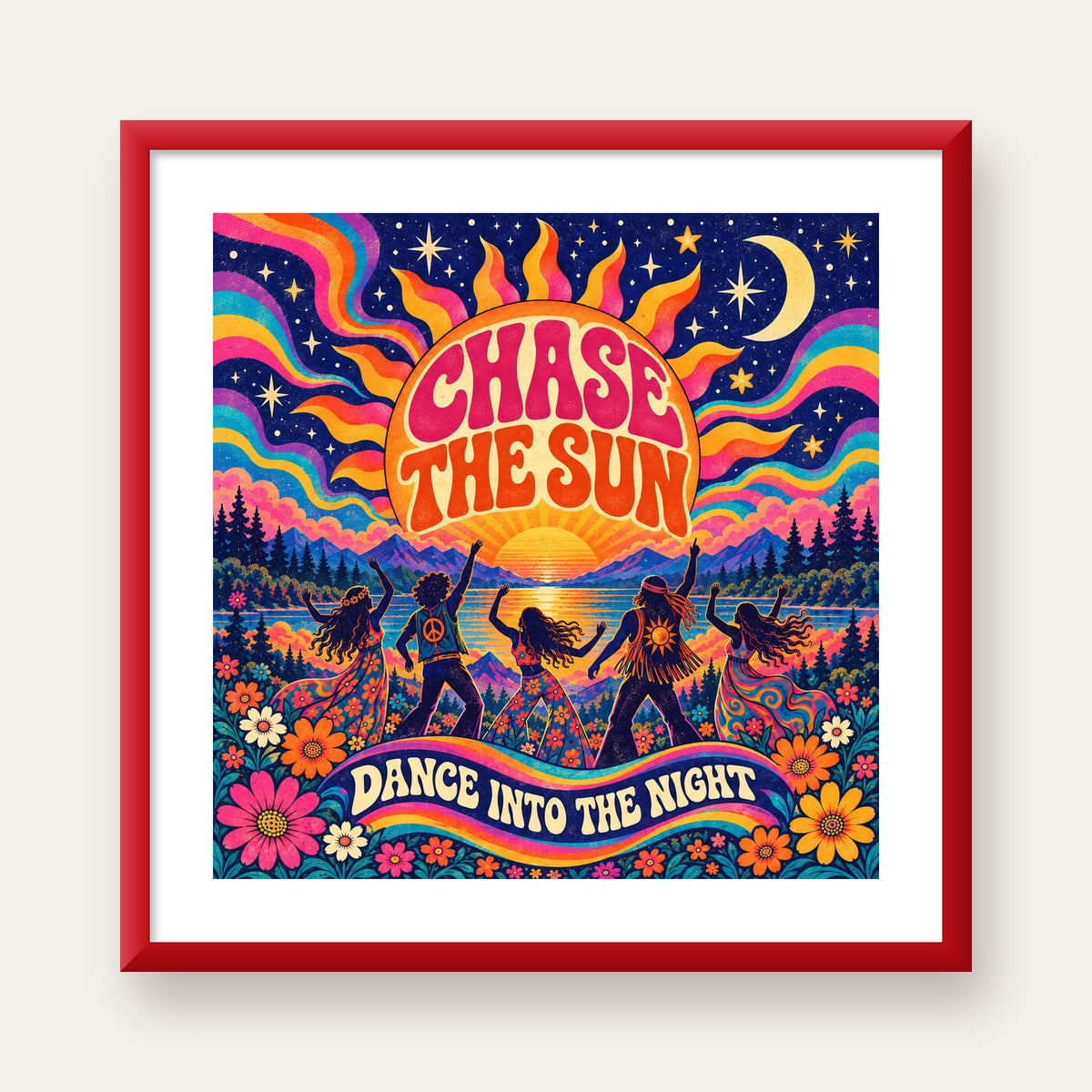 Renkli Hippie Parti Manzarası Retro Poster — kırmızı çerçeveli paspartulu