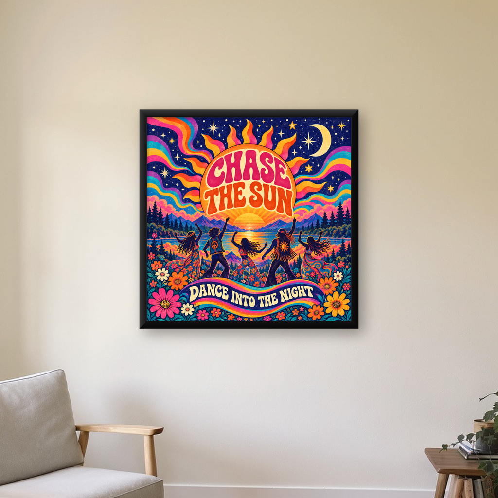 Renkli Hippie Parti Manzarası Retro Poster — Kare baskı, çerçeveli hâliyle bir ev duvarında