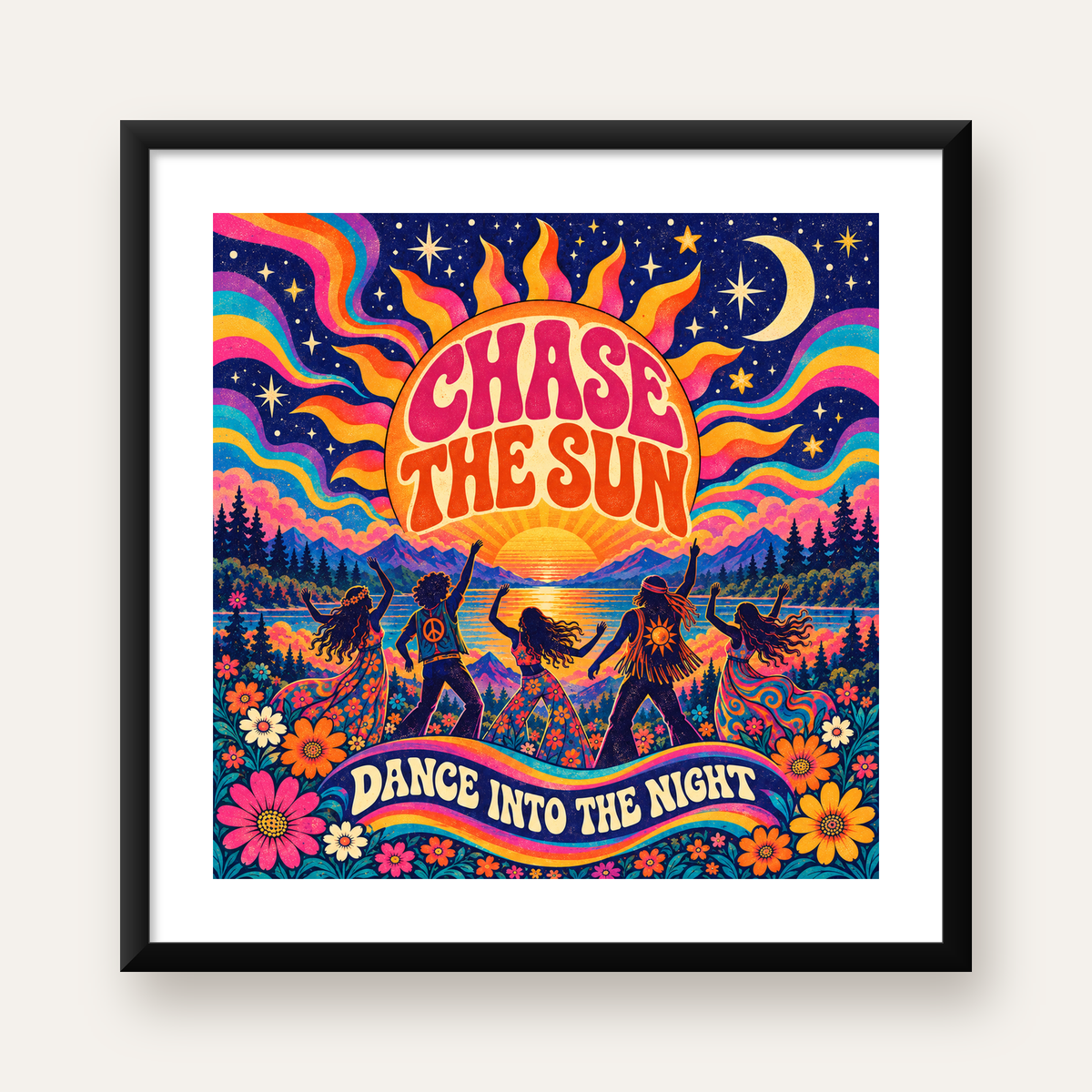 Renkli Hippie Parti Manzarası Retro Poster — Kare baskı, beyaz paspartulu