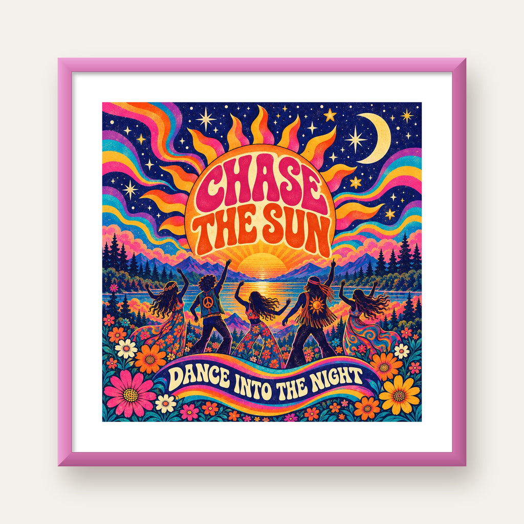Renkli Hippie Parti Manzarası Retro Poster — pembe çerçeveli paspartulu