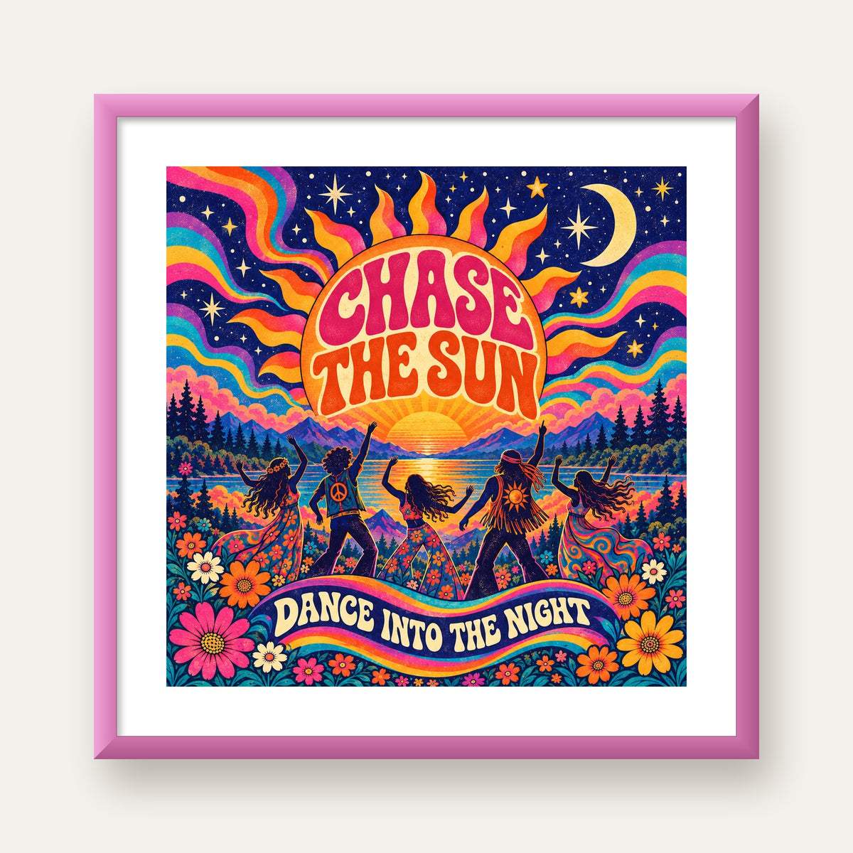 Renkli Hippie Parti Manzarası Retro Poster — pembe çerçeveli paspartulu