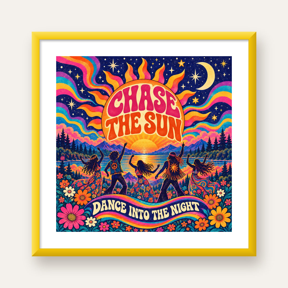 Renkli Hippie Parti Manzarası Retro Poster — sarı çerçeveli paspartulu