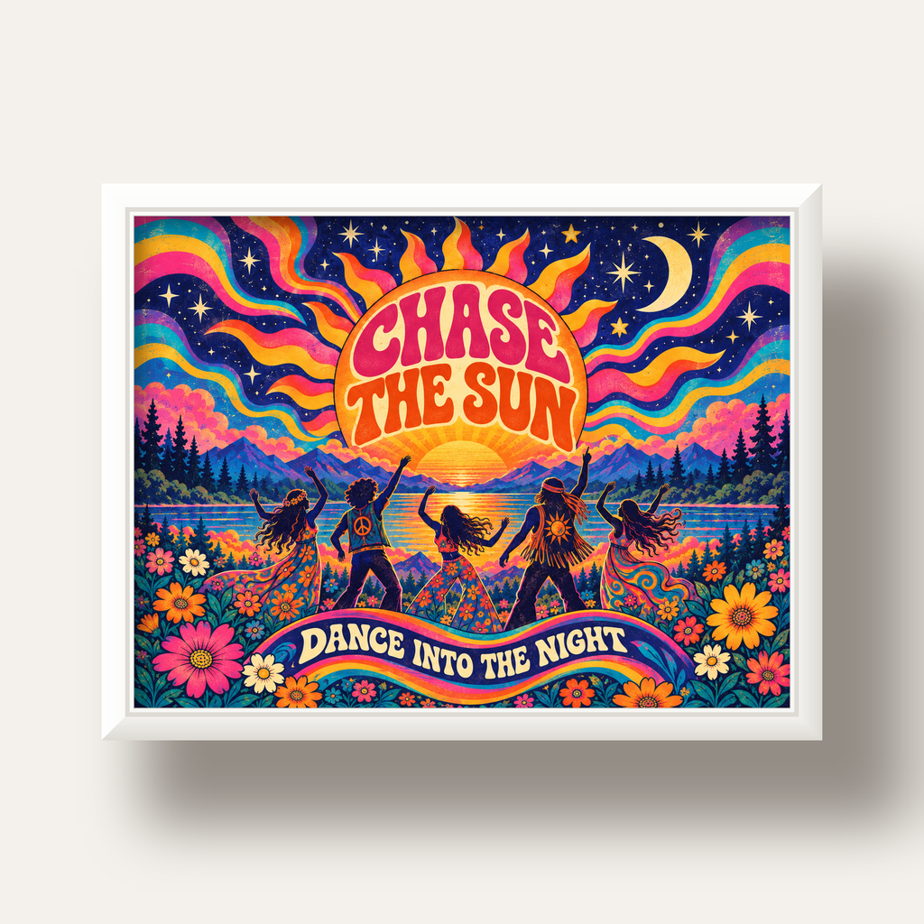 Renkli Hippie Parti Manzarası Retro Poster — beyaz derin çerçeveli