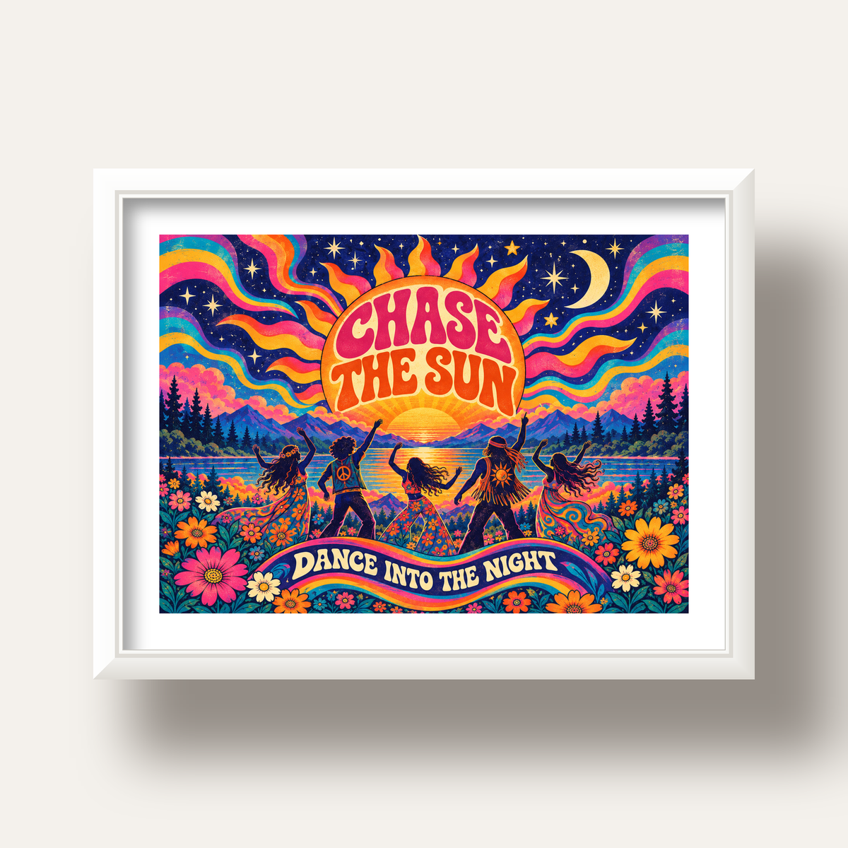 Renkli Hippie Parti Manzarası Retro Poster — beyaz derin çerçeveli paspartulu