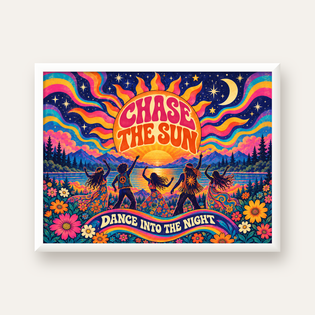 Renkli Hippie Parti Manzarası Retro Poster — beyaz çerçeveli yatay poster