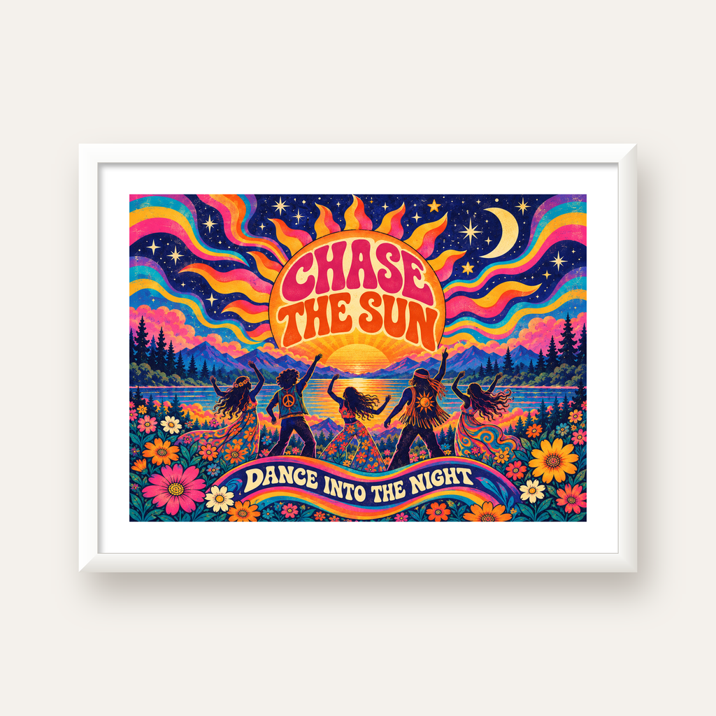 Renkli Hippie Parti Manzarası Retro Poster — beyaz çerçeveli yatay poster