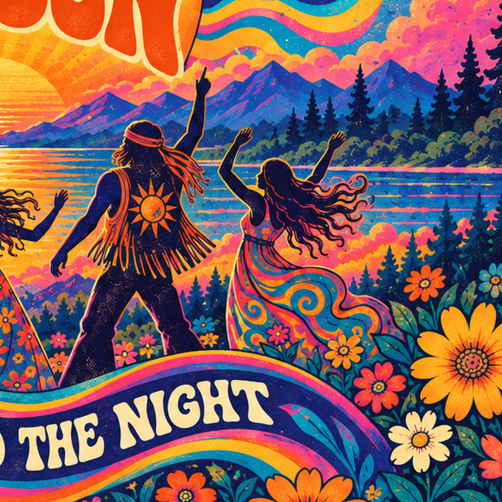 Renkli Hippie Parti Manzarası Retro Poster — baskının yakın çekimi, kâğıt dokusu ve renk detayı