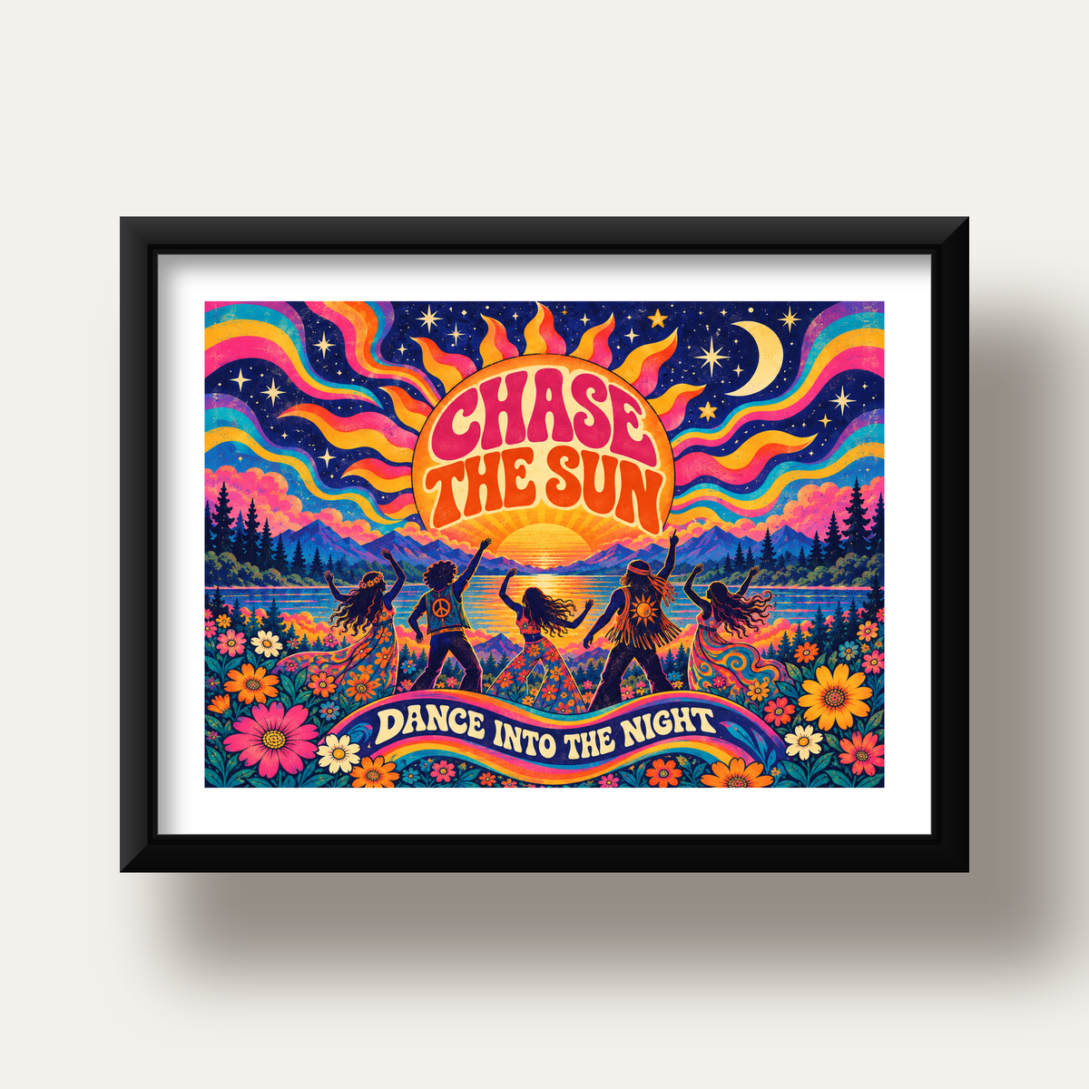 Renkli Hippie Parti Manzarası Retro Poster — siyah derin çerçeveli paspartulu