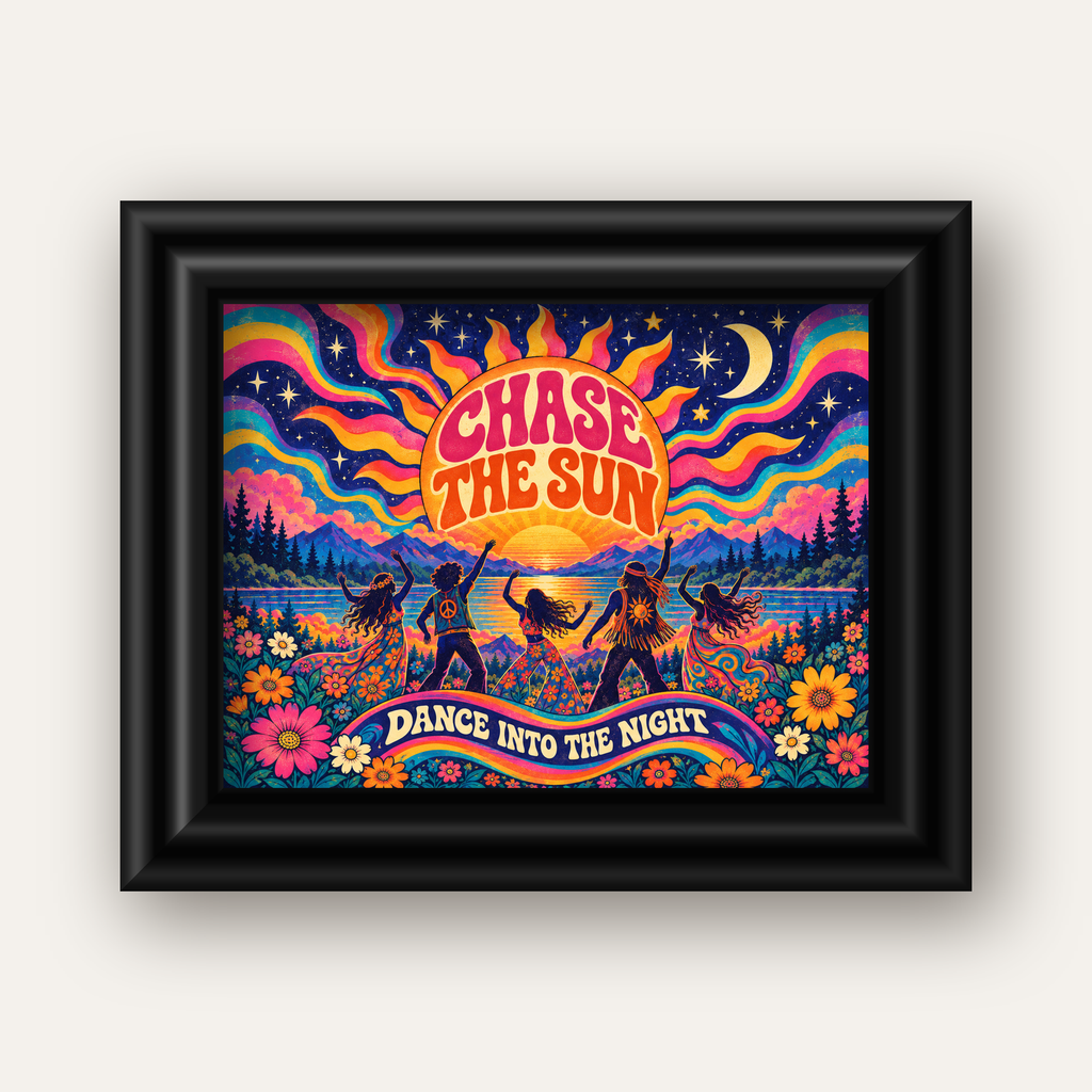 Renkli Hippie Parti Manzarası Retro Poster — siyah galeri çerçeveli