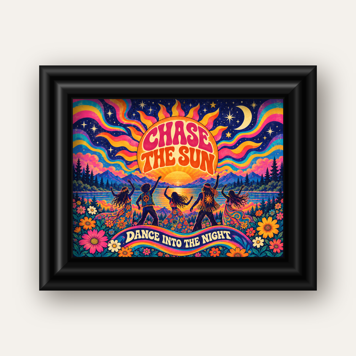 Renkli Hippie Parti Manzarası Retro Poster — siyah galeri çerçeveli