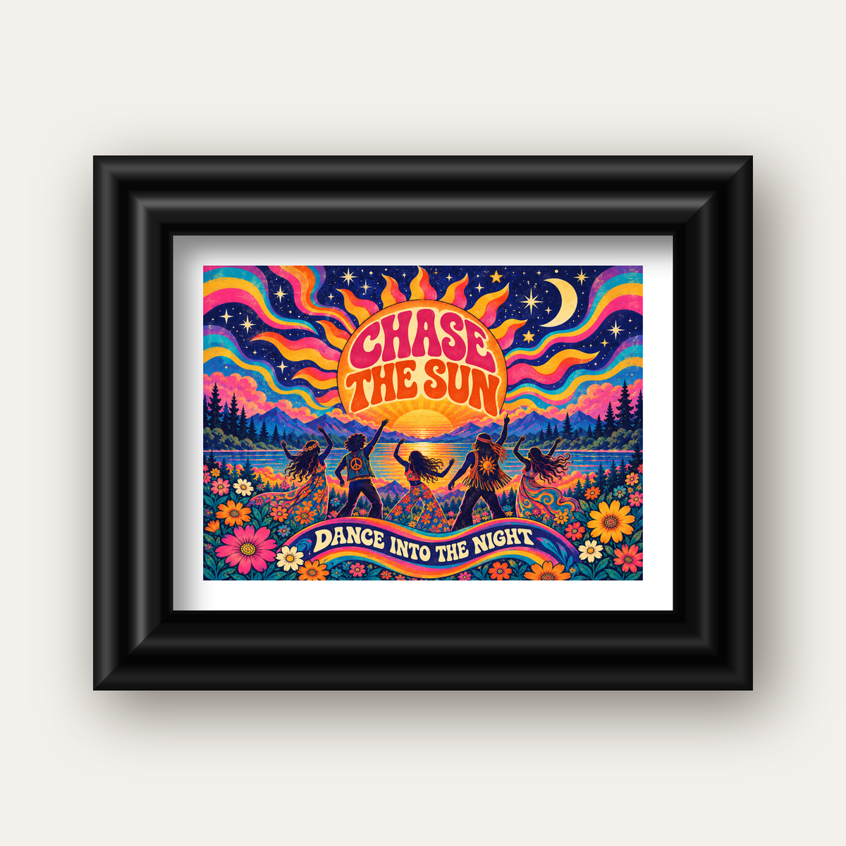 Renkli Hippie Parti Manzarası Retro Poster — siyah galeri çerçeveli paspartulu