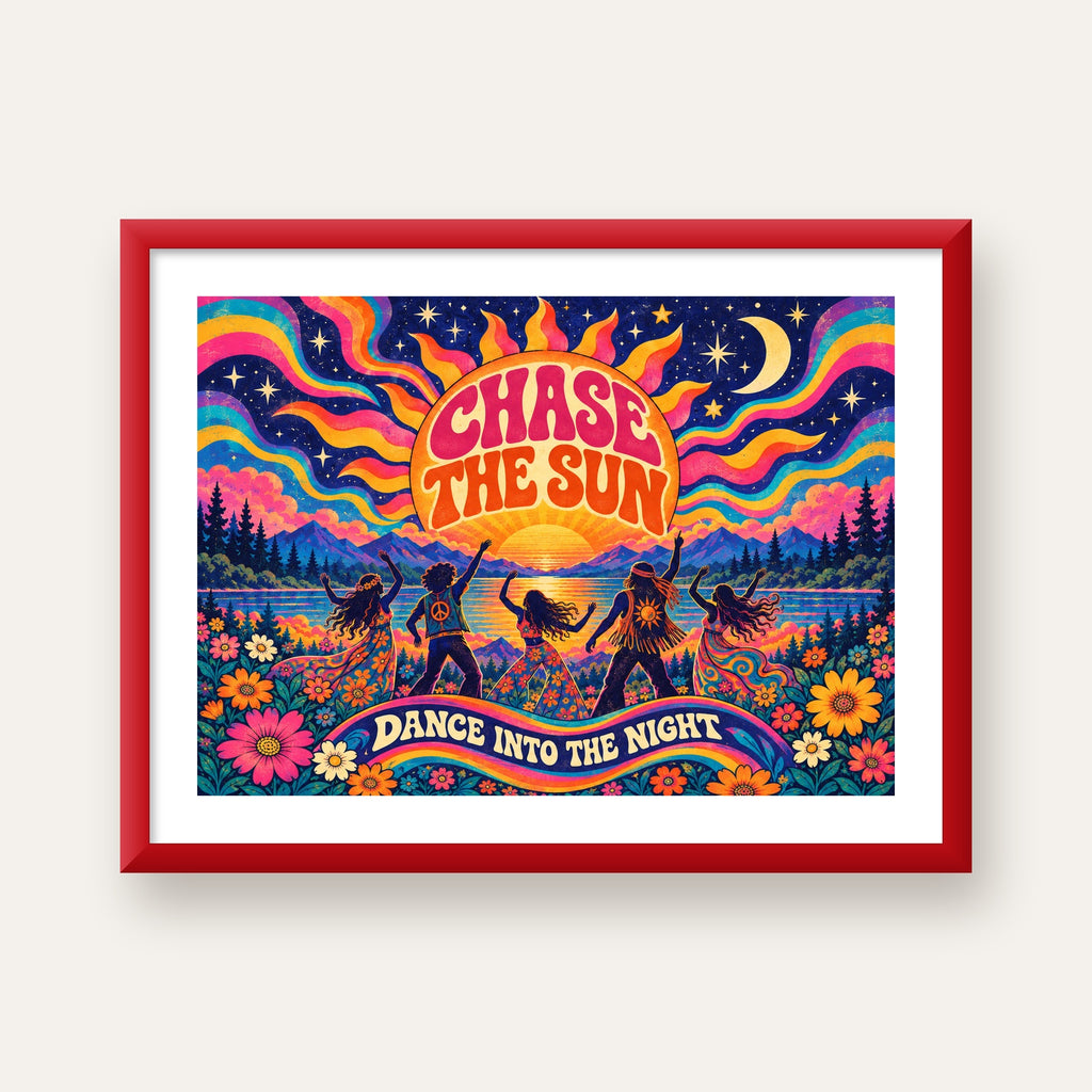 Renkli Hippie Parti Manzarası Retro Poster — kırmızı çerçeveli paspartulu