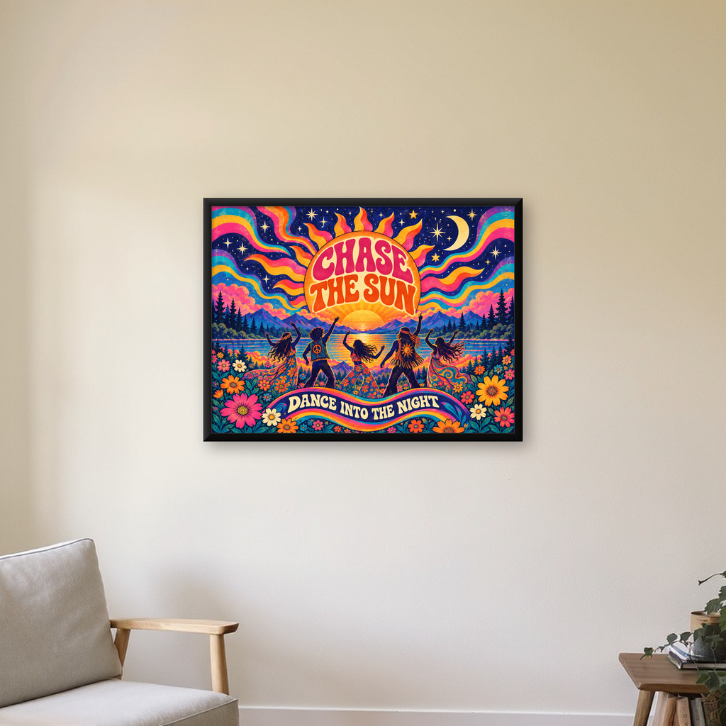Renkli Hippie Parti Manzarası Retro Poster — Yatay baskı, çerçeveli hâliyle bir ev duvarında