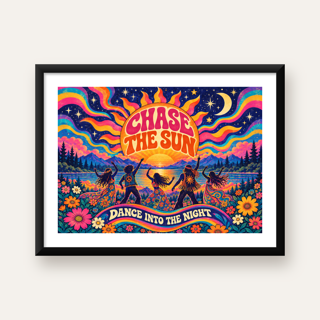 Renkli Hippie Parti Manzarası Retro Poster — Yatay baskı, beyaz paspartulu