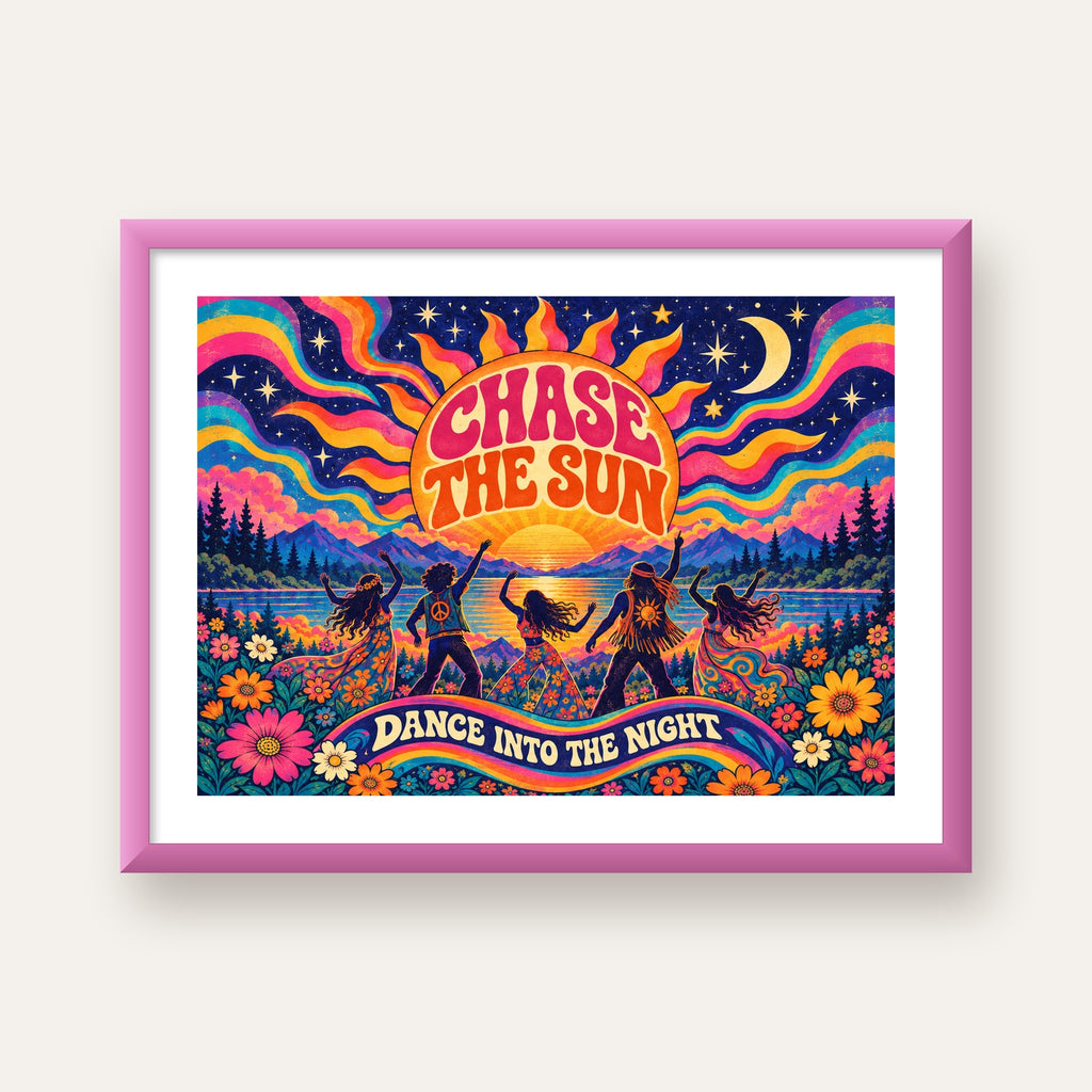Renkli Hippie Parti Manzarası Retro Poster — pembe çerçeveli paspartulu