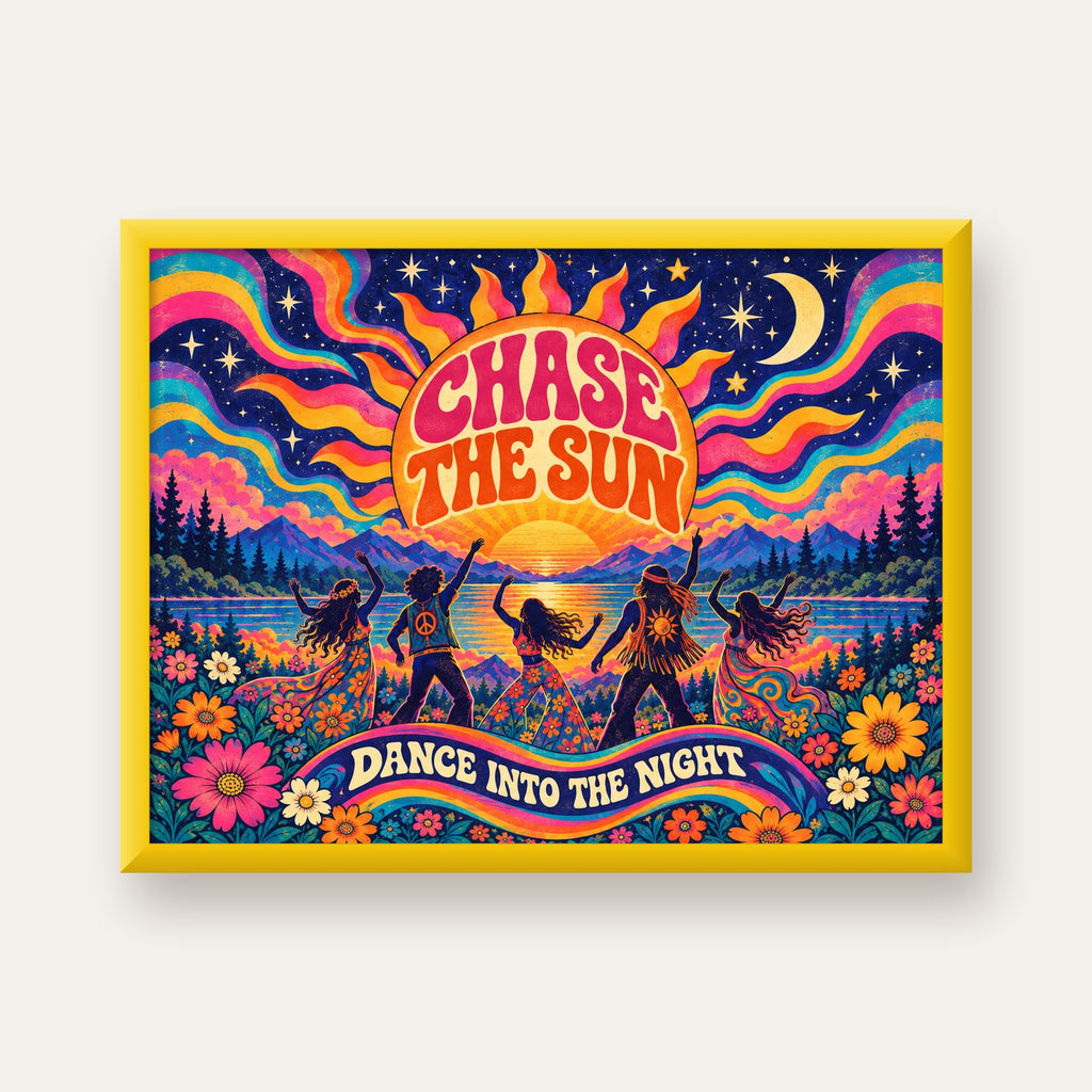 Renkli Hippie Parti Manzarası Retro Poster — sarı çerçeveli