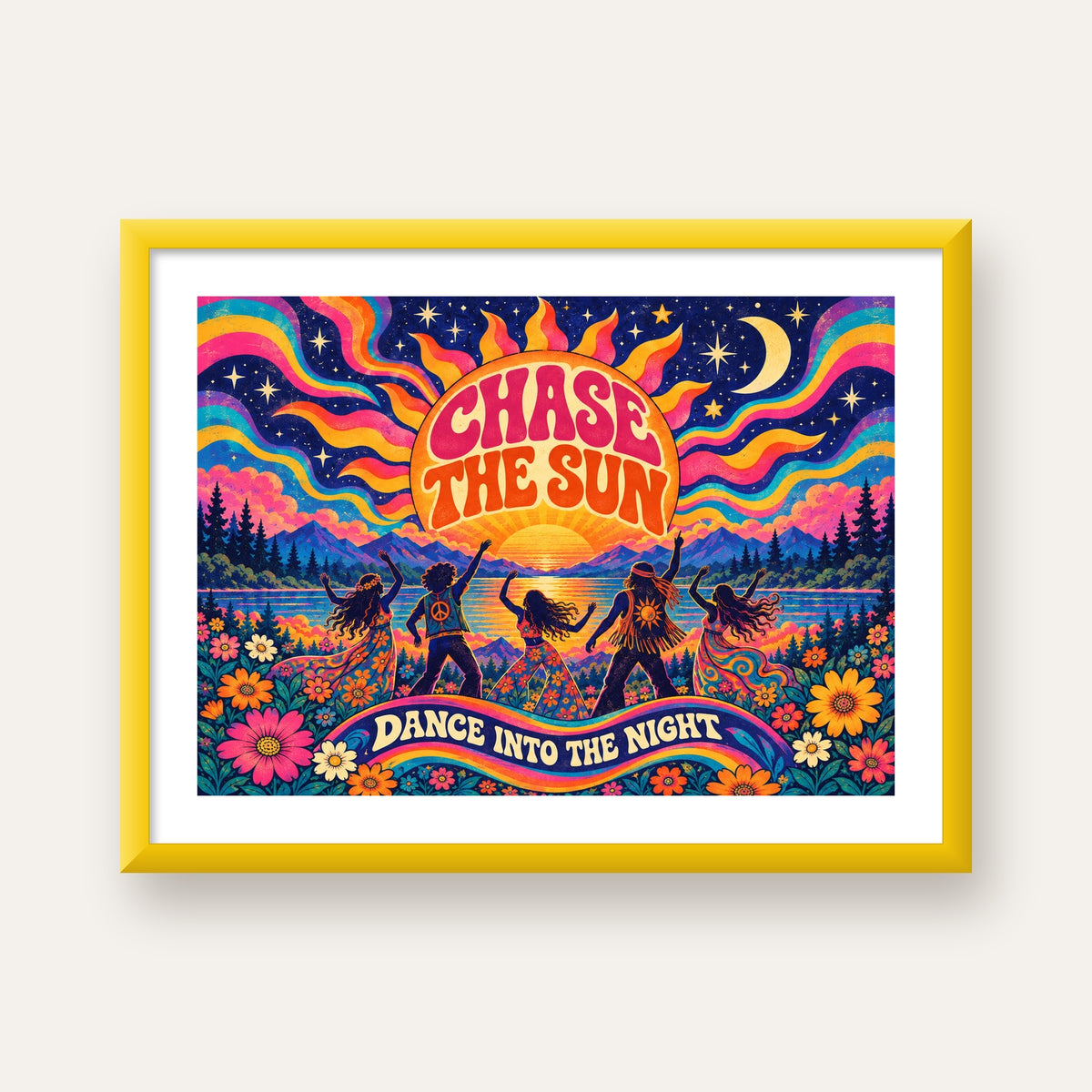 Renkli Hippie Parti Manzarası Retro Poster — sarı çerçeveli paspartulu