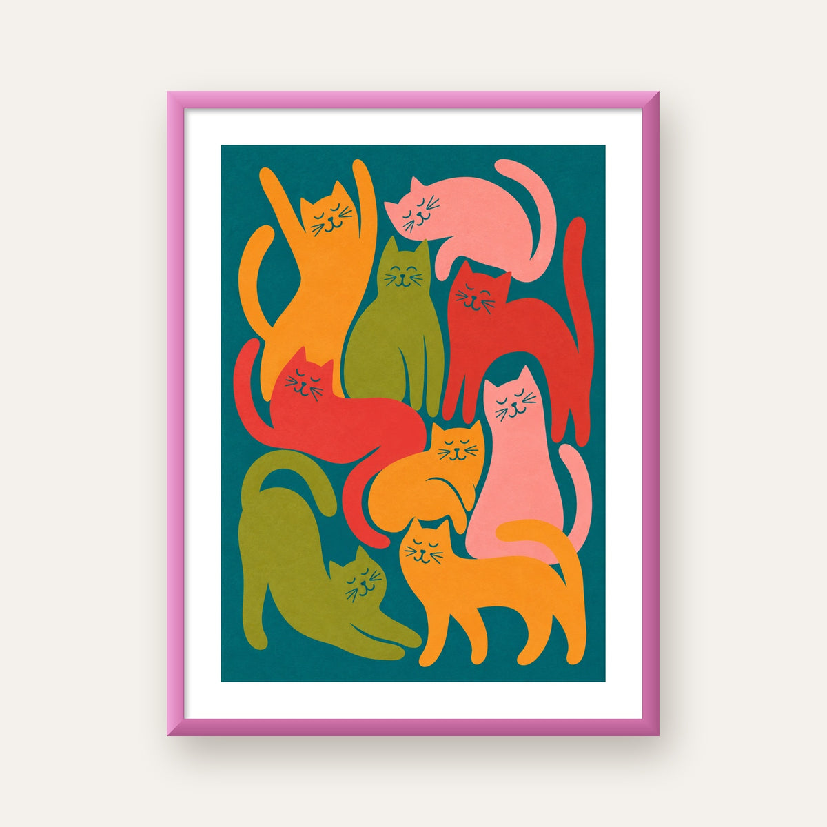 Renkli Stilize Kediler Dijital Poster – Neşeli Duvar Dekoru — pembe çerçeveli paspartulu