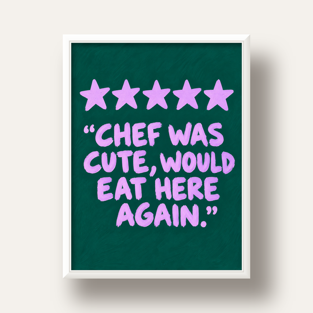 Eğlenceli Restoran Yorumu Poster – CHEF WAS CUTE, 5 Yıldızlı — beyaz derin çerçeveli