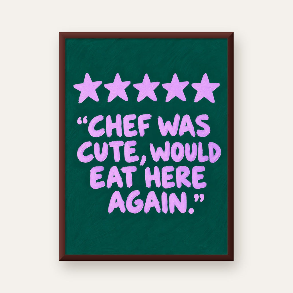 Eğlenceli Restoran Yorumu Poster – CHEF WAS CUTE, 5 Yıldızlı — ceviz çerçeveli