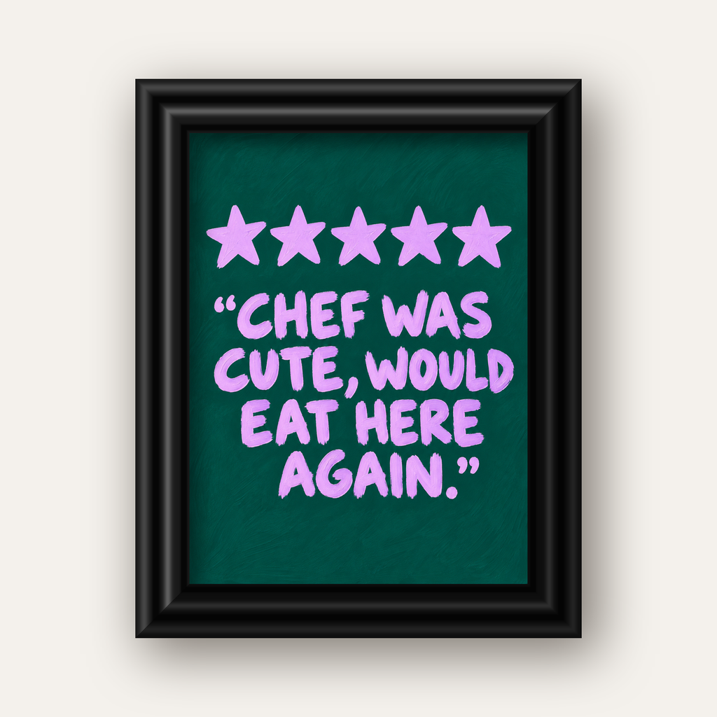 Eğlenceli Restoran Yorumu Poster – CHEF WAS CUTE, 5 Yıldızlı — siyah galeri çerçeveli