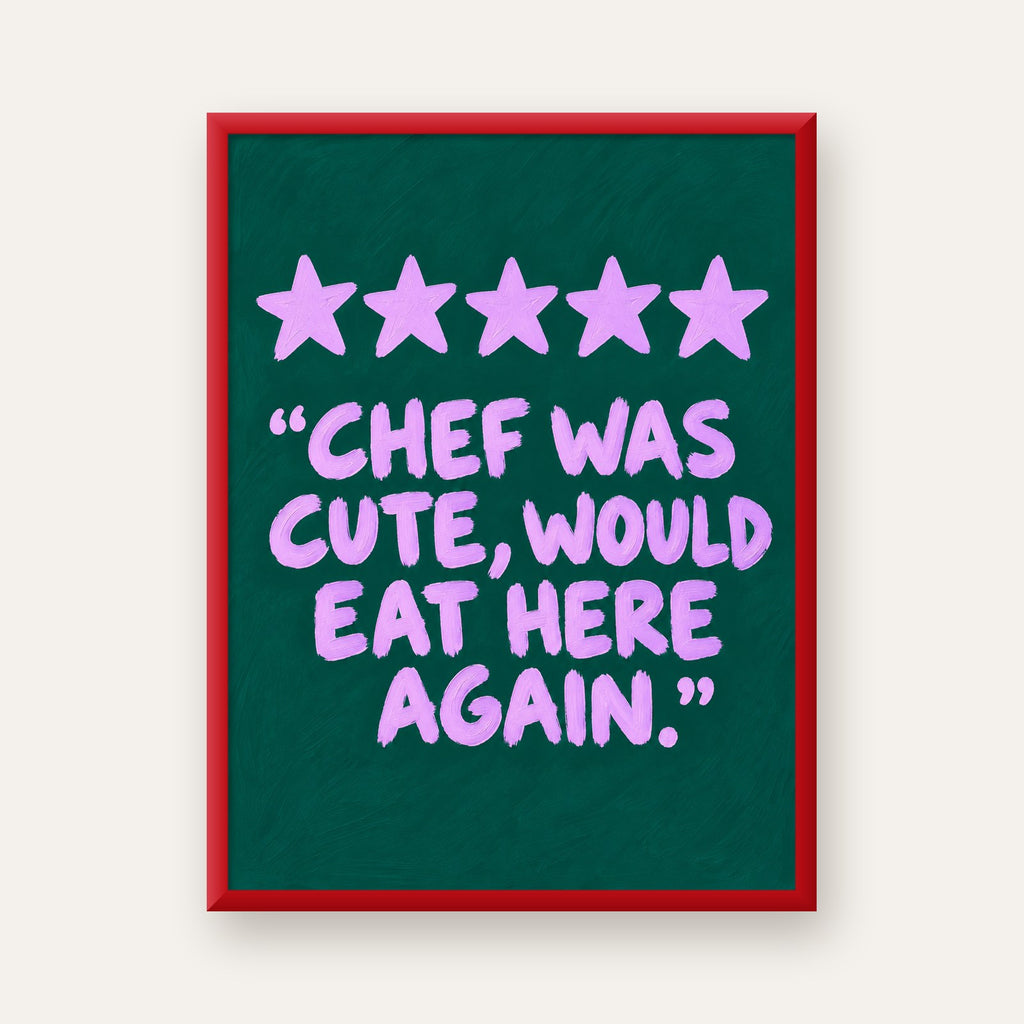 Eğlenceli Restoran Yorumu Poster – CHEF WAS CUTE, 5 Yıldızlı — kırmızı çerçeveli