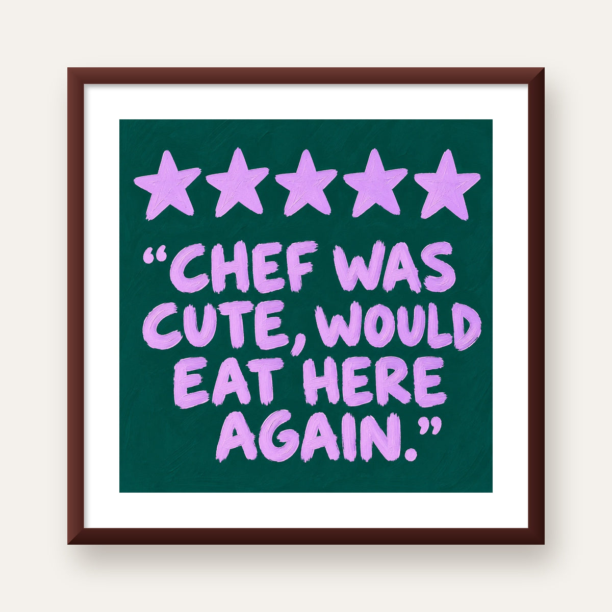 Eğlenceli Restoran Yorumu Poster – CHEF WAS CUTE, 5 Yıldızlı — ceviz çerçeveli paspartulu