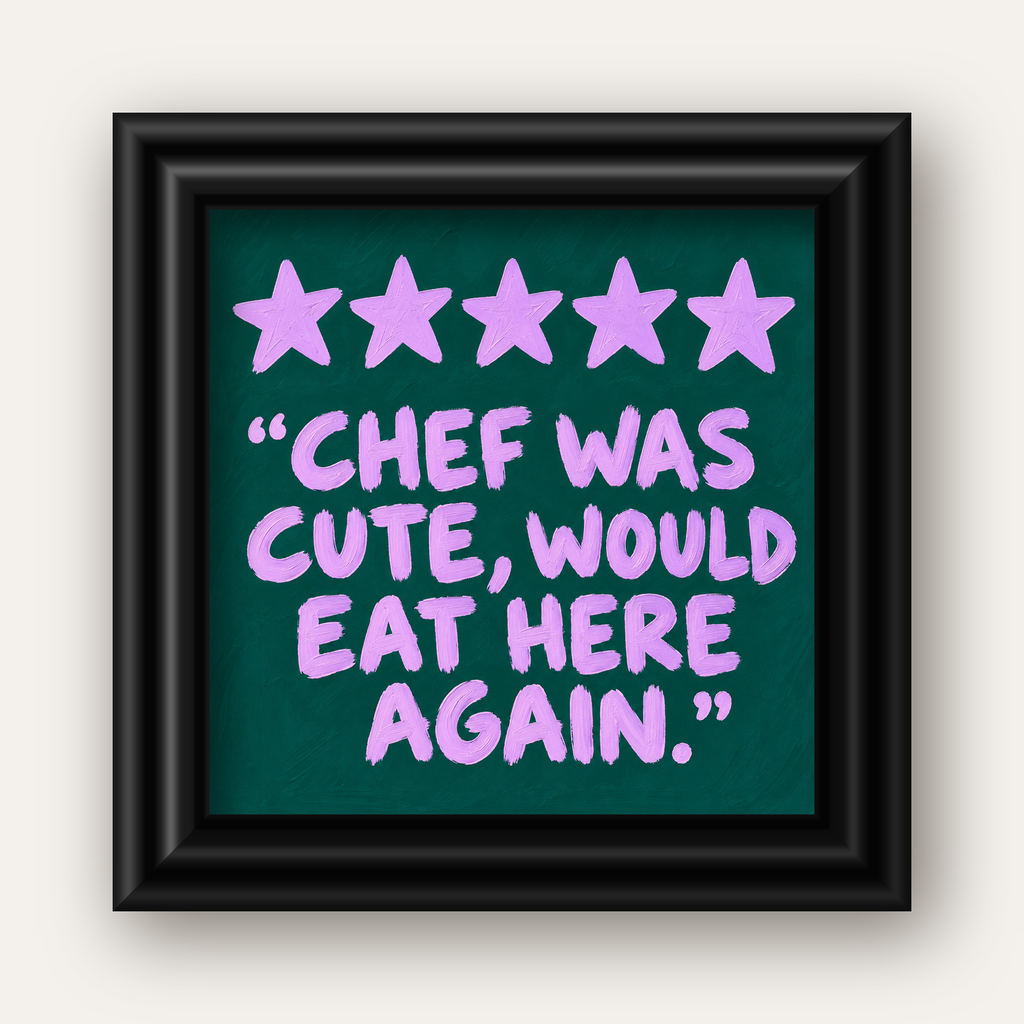 Eğlenceli Restoran Yorumu Poster – CHEF WAS CUTE, 5 Yıldızlı — siyah galeri çerçeveli