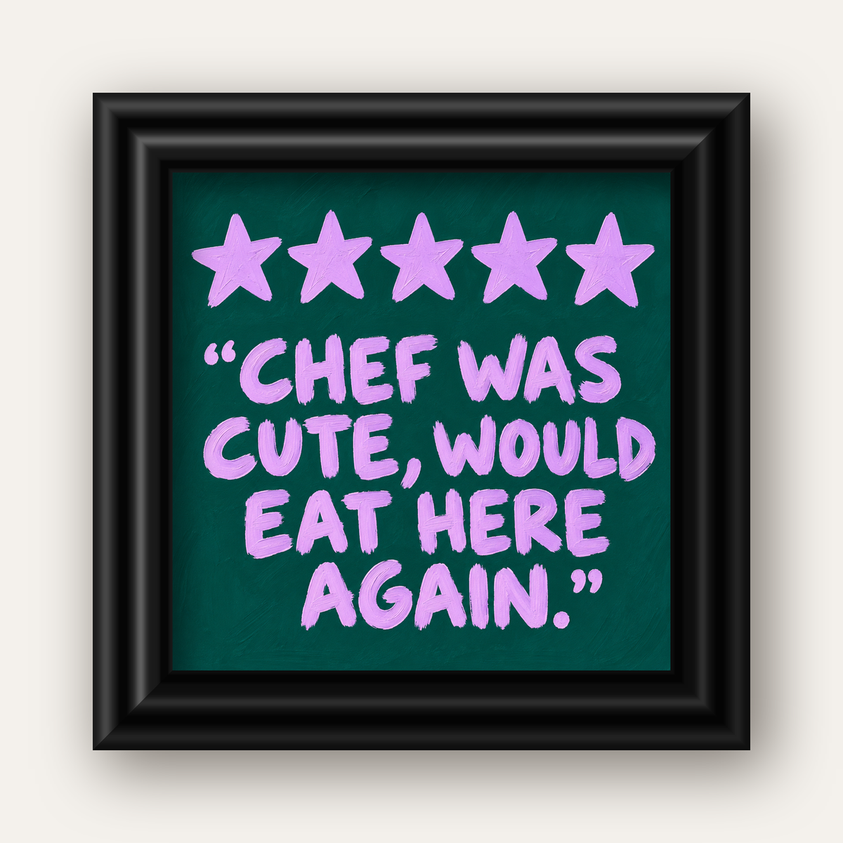 Eğlenceli Restoran Yorumu Poster – CHEF WAS CUTE, 5 Yıldızlı — siyah galeri çerçeveli