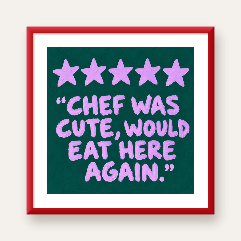 Eğlenceli Restoran Yorumu Poster – CHEF WAS CUTE, 5 Yıldızlı — kırmızı çerçeveli paspartulu