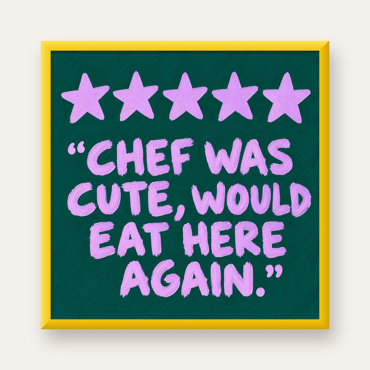 Eğlenceli Restoran Yorumu Poster – CHEF WAS CUTE, 5 Yıldızlı — sarı çerçeveli