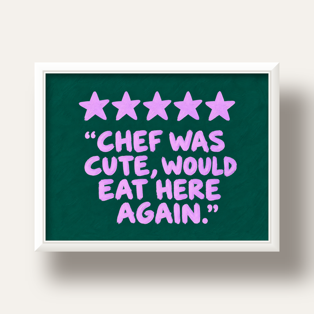 Eğlenceli Restoran Yorumu Poster – CHEF WAS CUTE, 5 Yıldızlı — beyaz derin çerçeveli