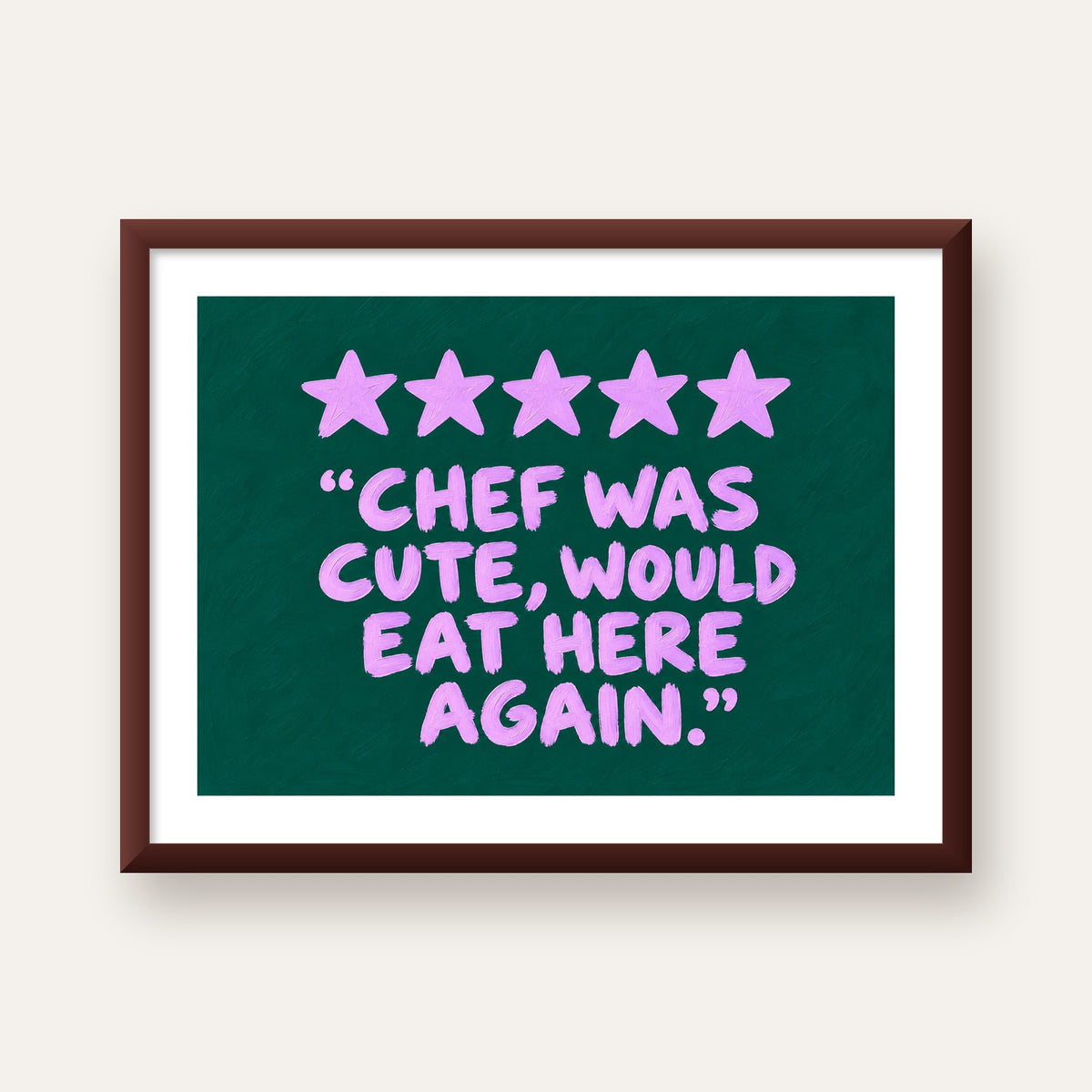 Eğlenceli Restoran Yorumu Poster – CHEF WAS CUTE, 5 Yıldızlı — ceviz çerçeveli paspartulu