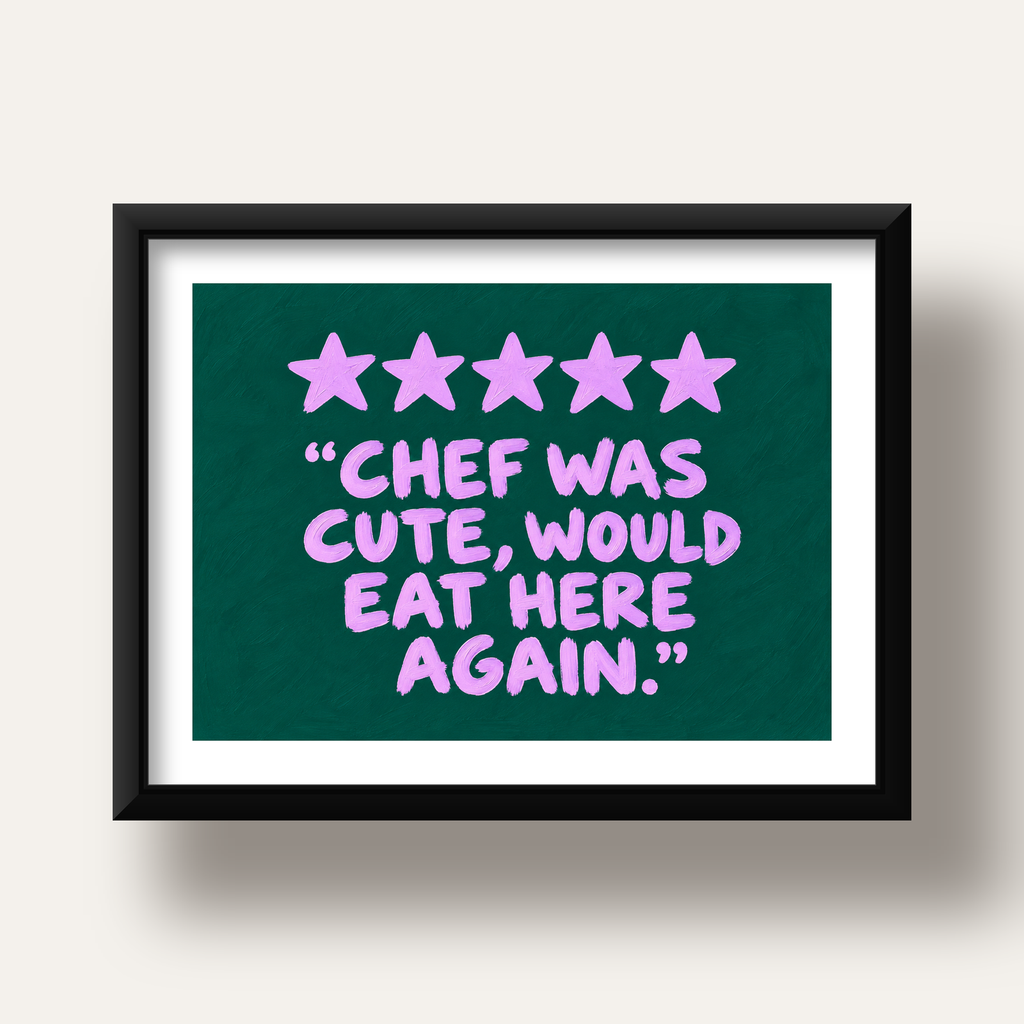Eğlenceli Restoran Yorumu Poster – CHEF WAS CUTE, 5 Yıldızlı — siyah derin çerçeveli paspartulu