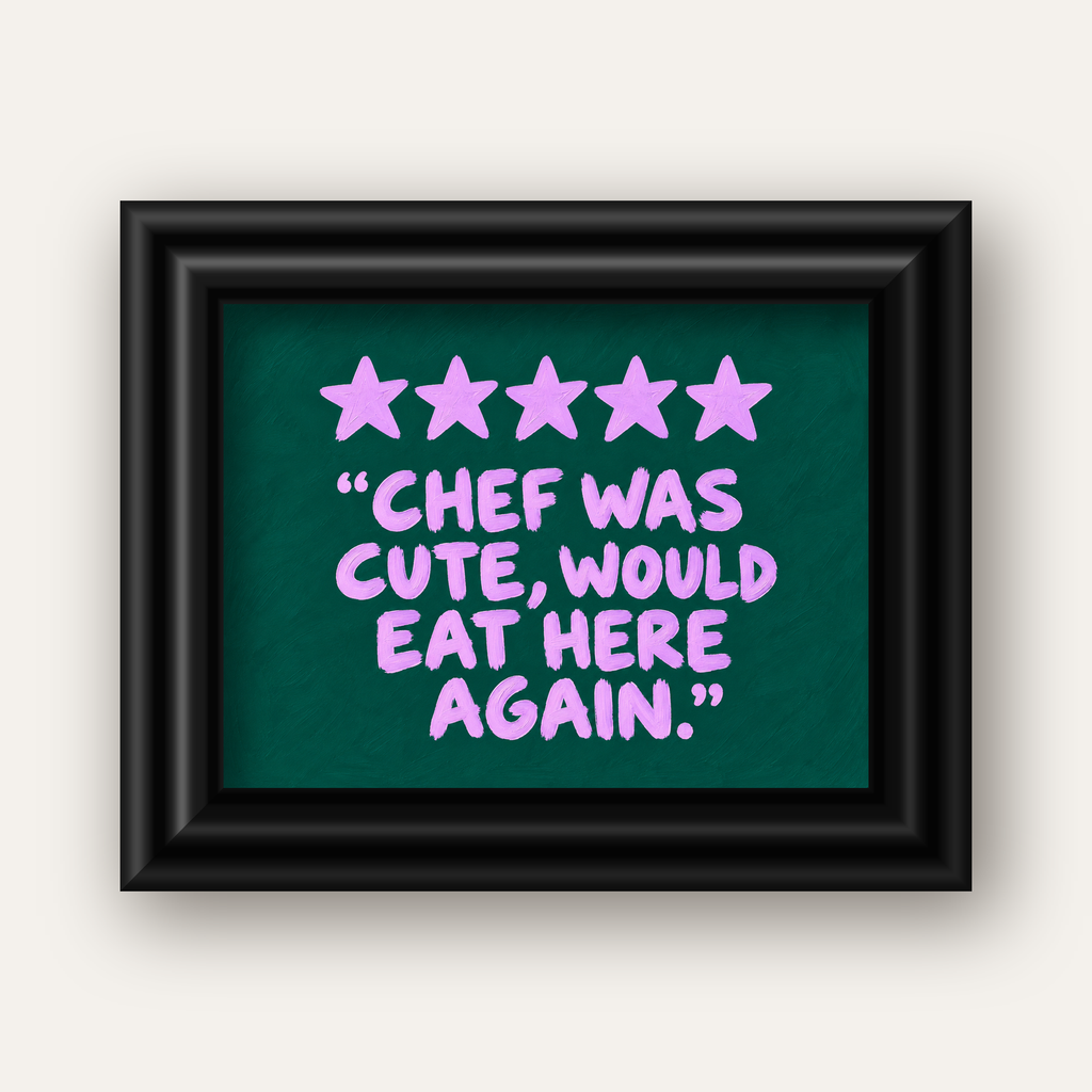 Eğlenceli Restoran Yorumu Poster – CHEF WAS CUTE, 5 Yıldızlı — siyah galeri çerçeveli