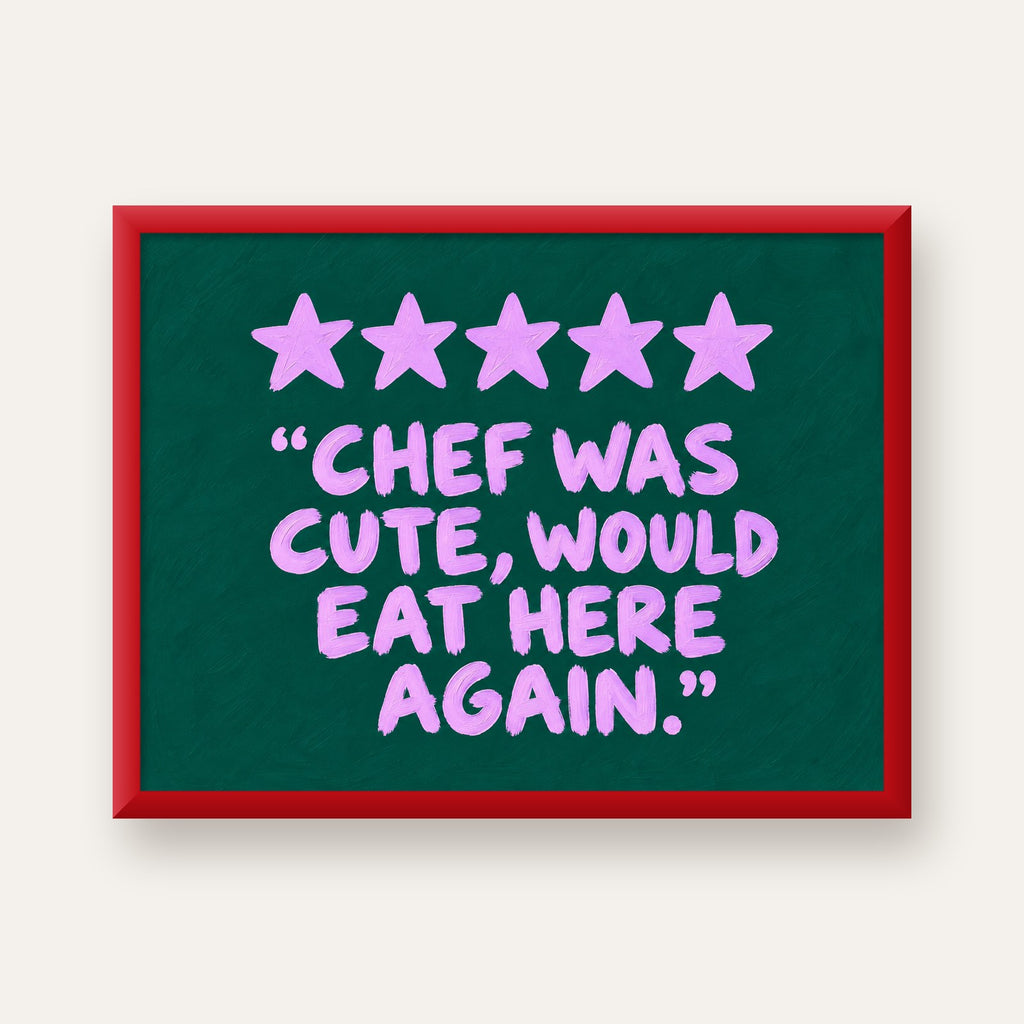 Eğlenceli Restoran Yorumu Poster – CHEF WAS CUTE, 5 Yıldızlı — kırmızı çerçeveli