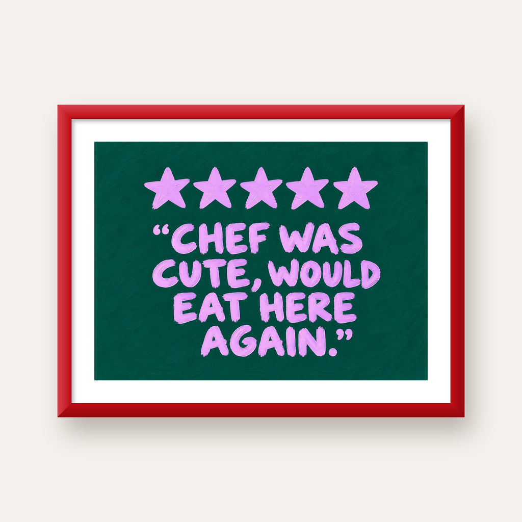 Eğlenceli Restoran Yorumu Poster – CHEF WAS CUTE, 5 Yıldızlı — kırmızı çerçeveli paspartulu