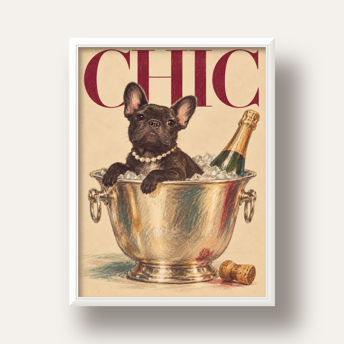 Chic Köpek ve Şampanya Kovalı Şık Poster – Lüks Eğlence Stili — beyaz derin çerçeveli